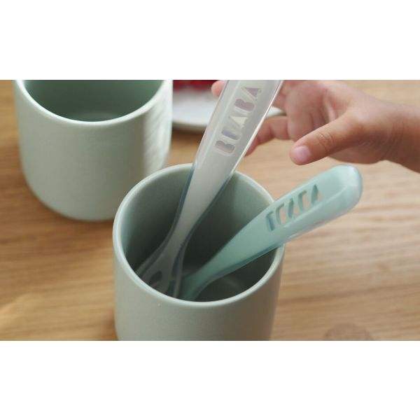 Béaba Siliconen Lepelset Met Reisetui - 2 Stuks - Duo Clay/Grijsgroen