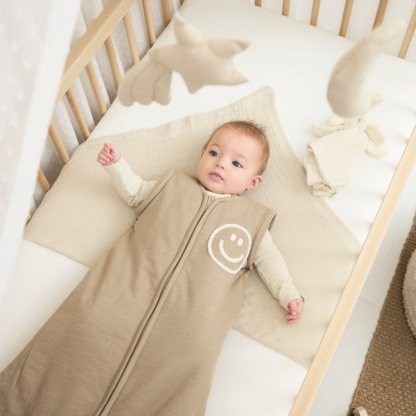 Meyco Baby Slaapzak Met Afritsbare Mouwen Slub Met Smile Applicatie Taupe / Offwhite 110 cm