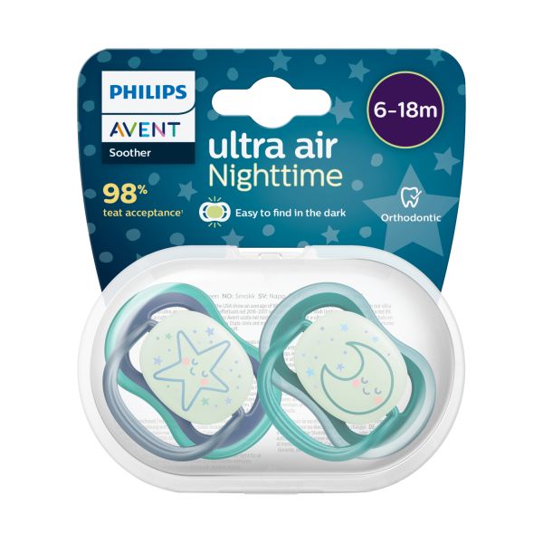 Philips Avent Glow In The Dark Ultra Air Fopspeen - Rond - 2 Stuks - 6-18 Mnd - Ster/Maan