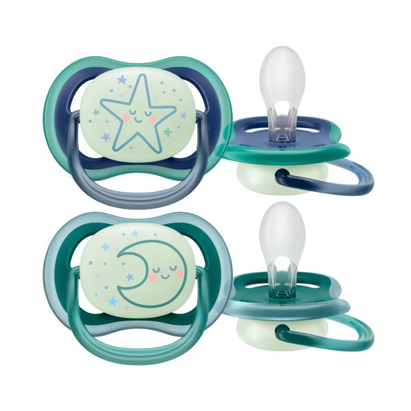 Philips Avent Glow In The Dark Ultra Air Fopspeen - Rond - 2 Stuks - 6-18 Mnd - Ster/Maan