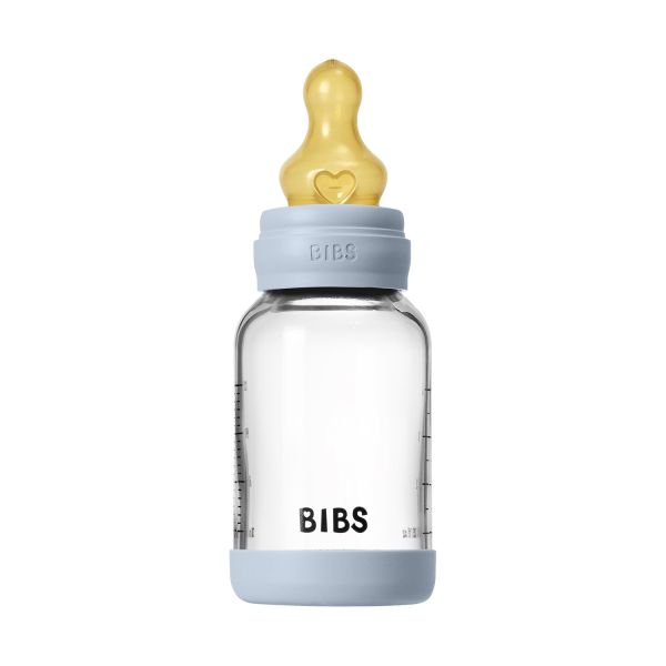 BIBS Fles - Slow Flow - Ronde Speen - 120 ml - Glas/Latex - Baby Blue