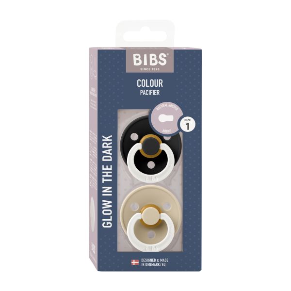 BiBs Glow In The Dark Fopspeen - Rond - 2 Stuks - 0-6 Mnd - Black/Vanilla BiBs Glow In The Dark Fopspeen - Rond - 2 Stuks - 0-6 Mnd - Black/Vanilla