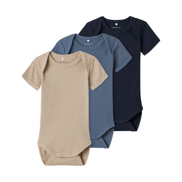 Name It Romper - 3P SS Solid Rib - China Blue - Mt. 50