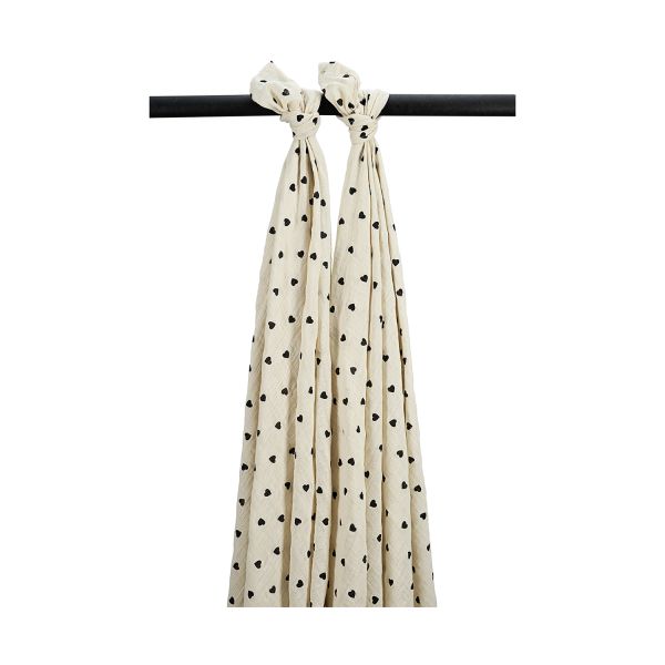 Meyco Baby Sweet Heart Swaddle - 2-pack - Soft Sand/Black - 120x120 cm