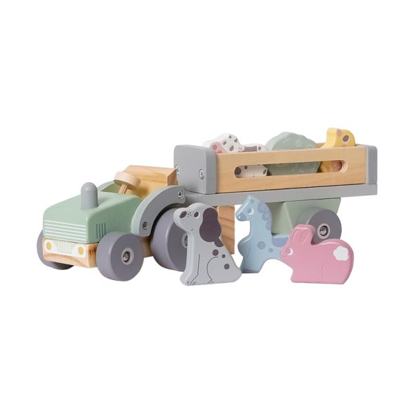 Phoohi Houten Traktor Met Trailer 8-Delig - Pastelkleur