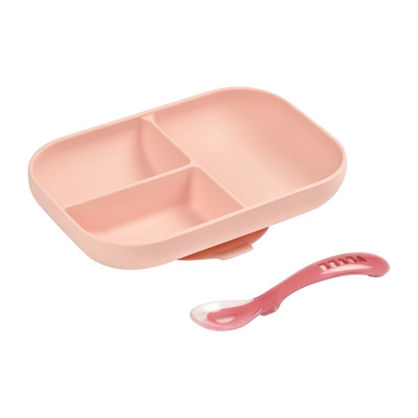 Beaba 3-Vaks Bord + Lepel Siliconen Pink
