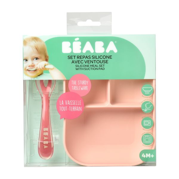 Beaba 3-Vaks Bord + Lepel Siliconen Pink