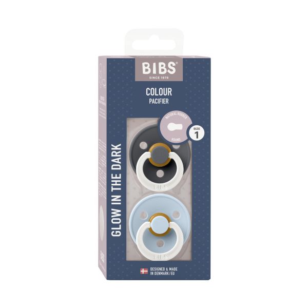BiBs Glow In The Dark Retro Fopspeen - Rond - 2 Stuks - 0-6 Mnd - Baby Blue/Iron BiBs Glow In The Dark Retro Fopspeen - Rond - 2 Stuks - 0-6 Mnd - Baby Blue/Iron