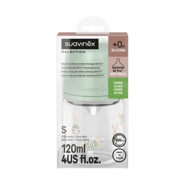 Suavinex Wonderland SX Pro S Glazen Fles - 120 ML - Konijn Groen