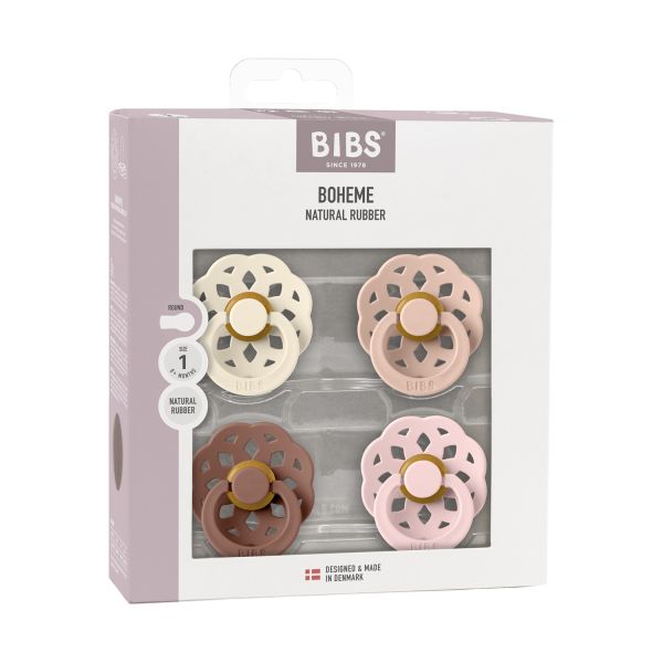 BiBs Boheme Fopspeen - Rond - 4 Stuks - 0-6 Mnd - Ivory/Blush/Woodchuck/Blossom BiBs Boheme Fopspeen - Rond - 4 Stuks - 0-6 Mnd - Ivory/Blush/Woodchuck/Blossom