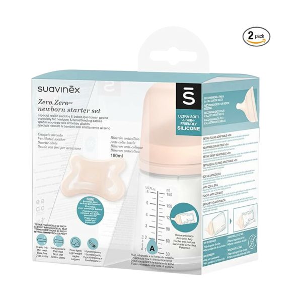 Suavinex Zero Zero Newborn Set - Fles 180ml + Fopspeen -2/2Mnd 