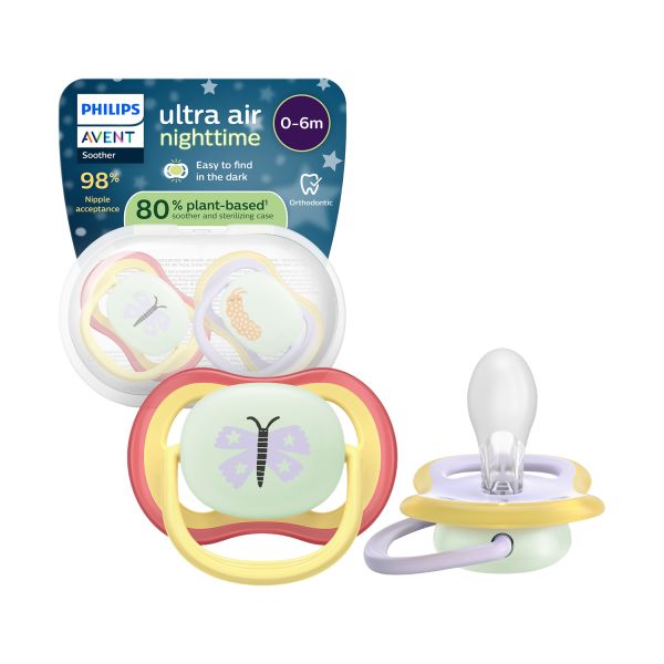 Philips Avent Ultra Air Fopspeen - 0-6 Mnd - 2 Stuks - Plant-based - Glow In The Dark Philips Avent Ultra Air Fopspeen - 0-6 Mnd - 2 Stuks - Plant-based - Glow In The Dark