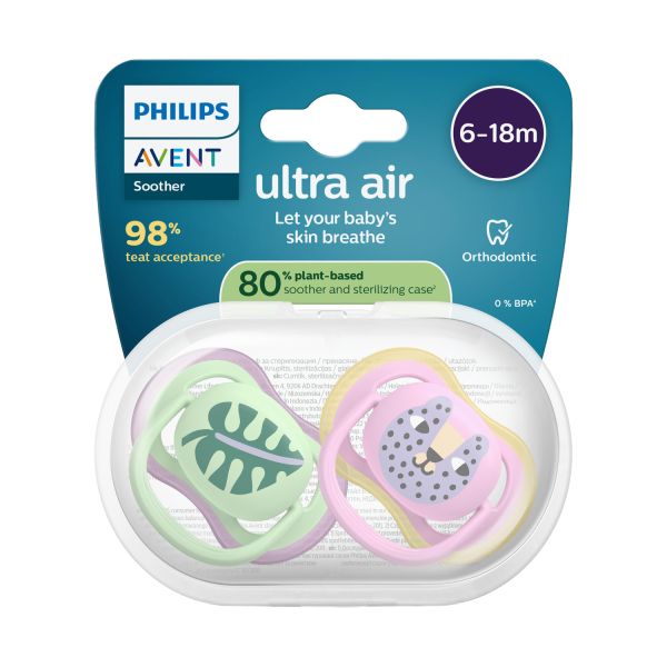 Philips Avent Ultra Air Fopspeen - 6-18 Mnd - 2 Stuks - Plant-based Philips Avent Ultra Air Fopspeen - 6-18 Mnd - 2 Stuks - Plant-based