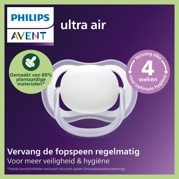 Philips Avent Ultra Air Fopspeen - 6-18 Mnd - 2 Stuks - Plant-based - Glow In The Dark Philips Avent Ultra Air Fopspeen - 6-18 Mnd - 2 Stuks - Plant-based - Glow In The Dark