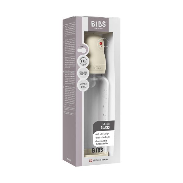 BIBS Fles - Medium Flow - Ronde Speen - 240 ml - Glas/Silicone - Ivory