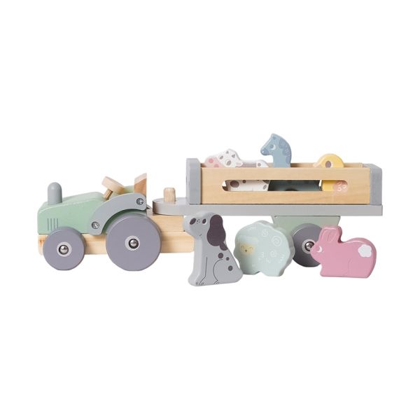 Phoohi Houten Traktor Met Trailer 8-Delig - Pastelkleur Phoohi Houten Traktor Met Trailer 8-Delig - Pastelkleur