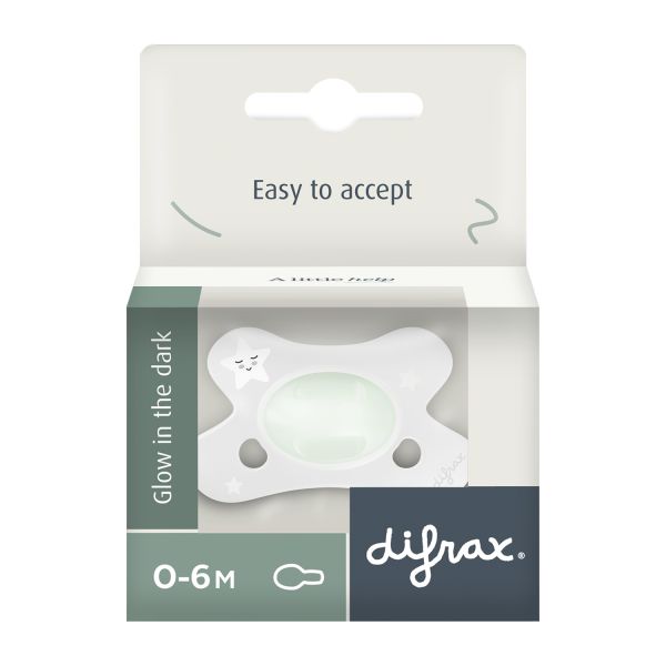 Difrax Glow In The Dark Fopspeen - Anatomisch - 0-6 Mnd - Wit Difrax Glow In The Dark Fopspeen - Anatomisch - 0-6 Mnd - Wit