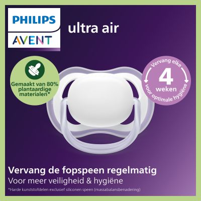 Philips Avent Ultra Air Fopspeen - 18+ Mnd - 2 Stuks - Plant-based Philips Avent Ultra Air Fopspeen - 18+ Mnd - 2 Stuks - Plant-based