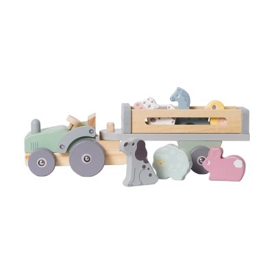 Phoohi Houten Traktor Met Trailer 8-Delig - Pastelkleur