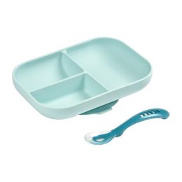 Beaba 3-Vaks Bord + Lepel Siliconen Blue