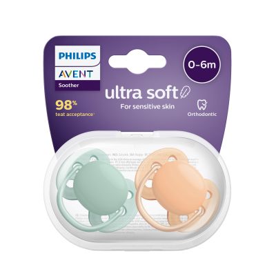 Philips Avent Ultra Soft Fopspeen -  Symmetrisch - 2 Stuks - 0-6 Mnd - Groen/Oranje