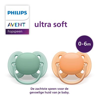 Philips Avent Ultra Soft Fopspeen -  Symmetrisch - 2 Stuks - 0-6 Mnd - Groen/Oranje
