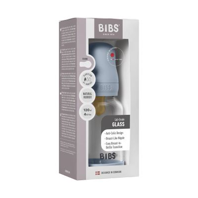 BIBS Fles - Slow Flow - Ronde Speen - 120 ml - Glas/Latex - Baby Blue