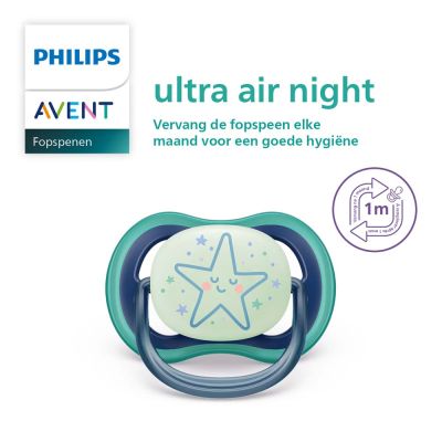 Philips Avent Glow In The Dark Ultra Air Fopspeen - Rond - 2 Stuks - 6-18 Mnd - Ster/Maan