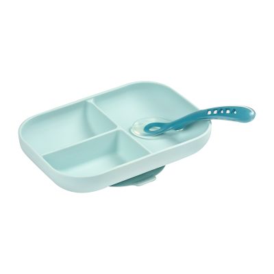 Beaba 3-Vaks Bord + Lepel Siliconen Blue