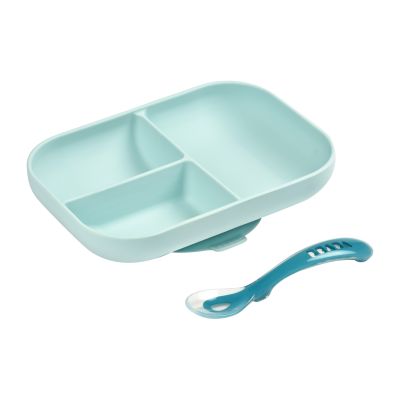 Beaba 3-Vaks Bord + Lepel Siliconen Blue